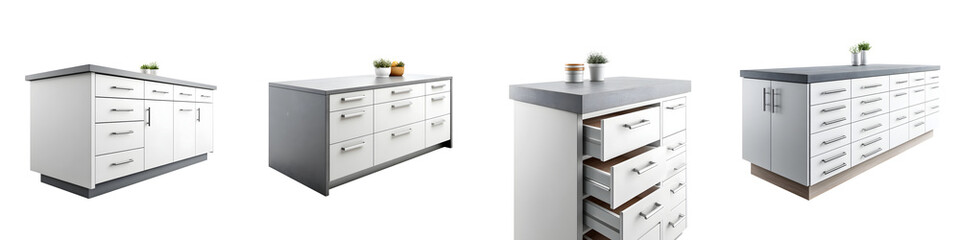 Modern, stylish kitchen islands with sleek designs featuring multiple drawers and grey countertops, perfect for contemporary homes and interior design inspiration.