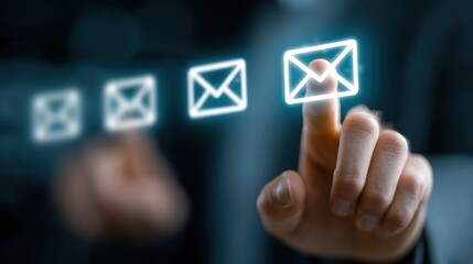 Finger touches a glowing envelope icon representing email in a digital interface.