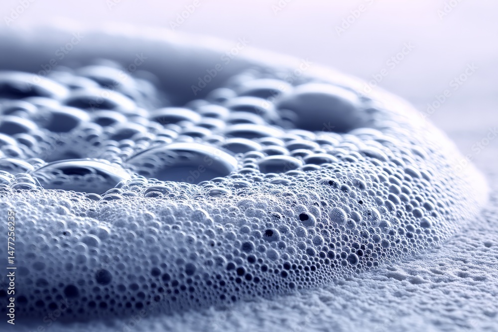 Poster Bubbles form a delicate layer on the surface of a foamy liquid in soft lighting