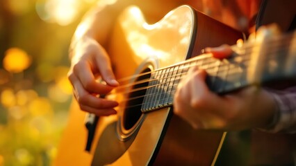 Obraz premium Close-up of fingers playing acoustic guitar strings. Perfect for music content, tutorials, album covers, or artistic concepts involving musicianship and sound