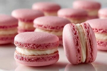 Fototapeta premium Sweet pink macarons arranged elegantly on a plate, showcasing delicious textures and flavors at a dessert display