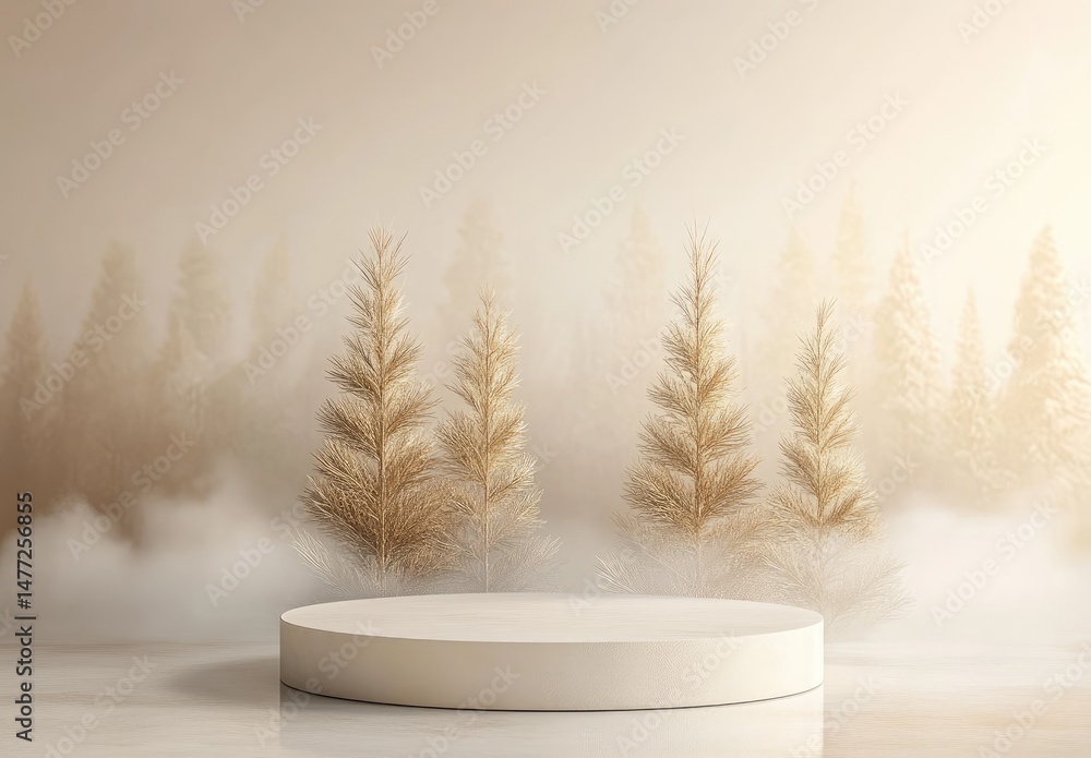 Poster a serene. foggy forest scene featuring golden trees surrounding a circular pedestal. perfect for sho