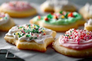 Colorful festive cookies decorated with icing and sprinkles on a kitchen counter during a holiday gathering