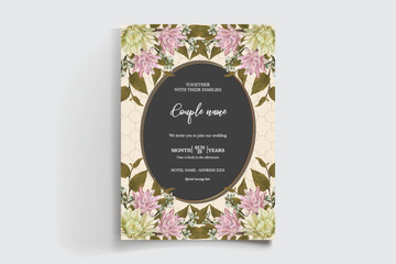 WEDDING INVITATION FRAME WITH FLOWER DECORATIONS AND FRESH LEAVES