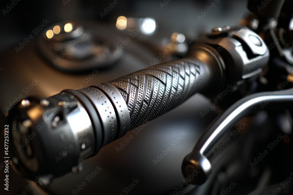 Poster Close-up view of a textured motorcycle handlebar grip showcasing intricate design and craftsmanship