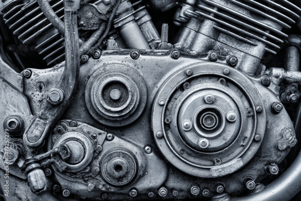 Poster close-up view of a motorcycle engine showcasing intricate mechanical details and aged metal componen