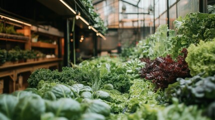 Lush green vegetables thriving in a vibrant greenhouse, showcasing diverse leafy greens and herbs