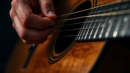 Fototapeta premium Close-up of fingers playing acoustic guitar strings. Perfect for music content, tutorials, album covers, or artistic concepts involving musicianship and sound