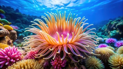 Intricate colorful sea anemone with delicate tentacles and soft body, floating gently in crystal clear ocean waters surrounded by coral reef, ocean scenery, coral reef
