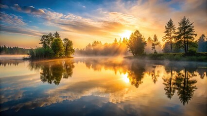 Obraz premium A serene lake with a misty sunrise over the trees, forest, sunrise, forest