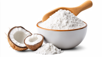 Coconut flour in bowl with wooden spoon