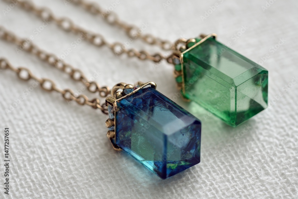 Aufkleber elegant necklaces featuring rectangular gemstones in blue and green with intricate gold settings on 