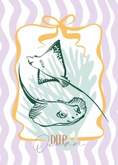 Abstract summer poster (card) with hand-drawn underwater creatures, algae. Trendy summer design for branding, advertising, printing, decor in pastel colors