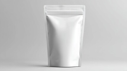 White stand-up pouch with zipper closure on a light gray background simple studio shot.
