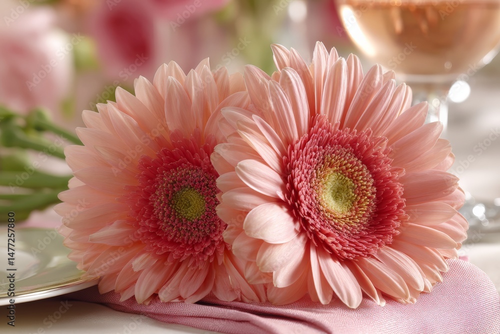 Aufkleber delicate pink gerbera daisies arranged elegantly on a table with a soft background and sparkling bev