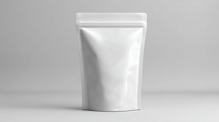 White blank stand-up pouch mockup on a light background for product packaging.
