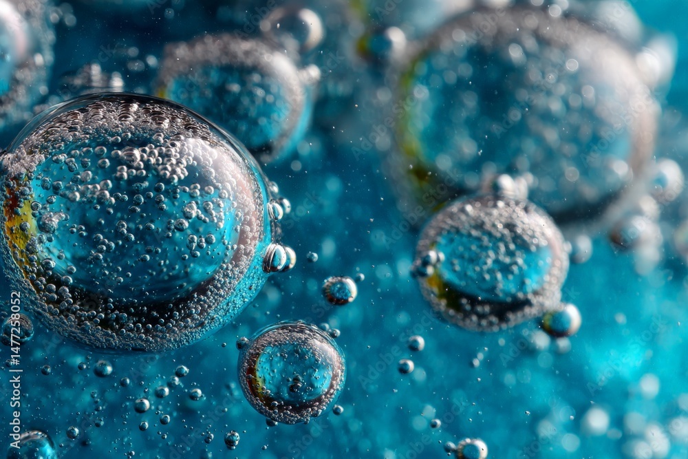 Poster bubbles rising in vibrant blue liquid create an intriguing visual texture during a refreshing drink 