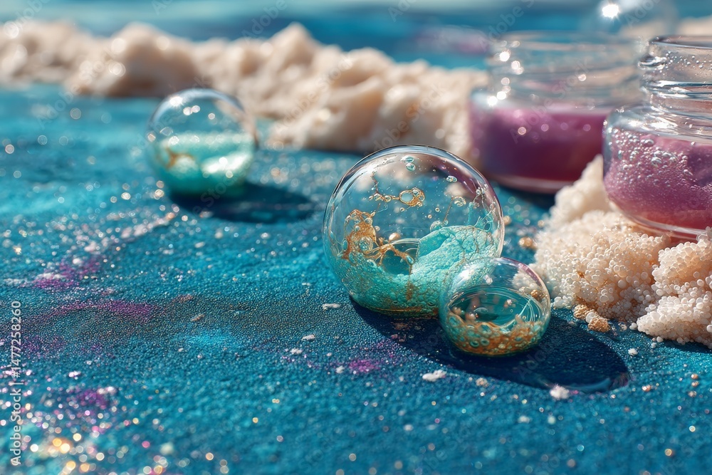 Poster Colorful glass orbs and sea salts create a vibrant display on blue textured background in artistic setup
