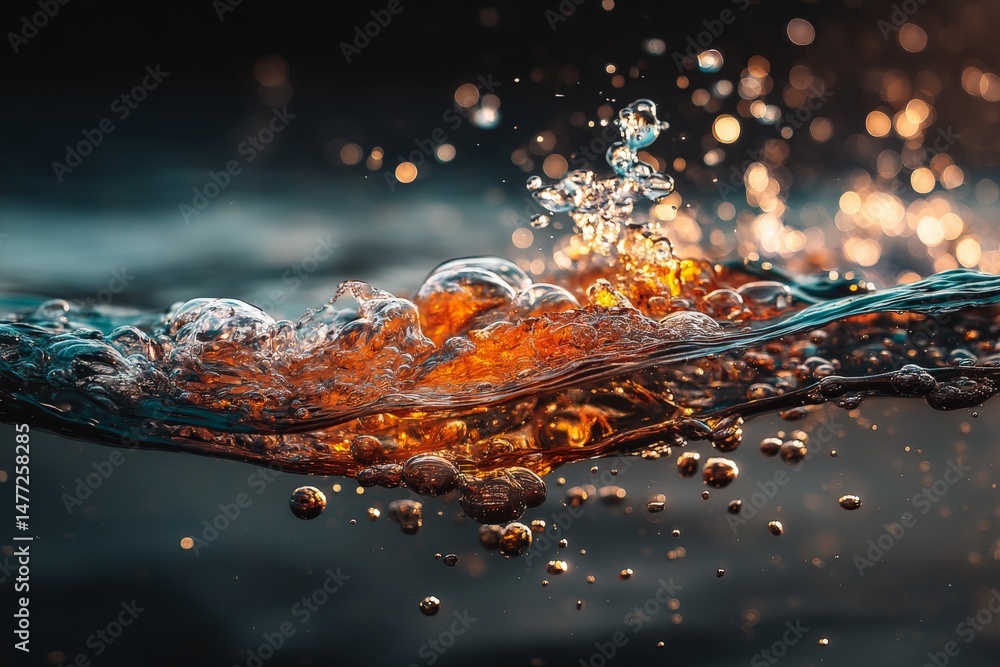 Poster Ripples and splashes of water create a mesmerizing visual in a dark setting with glimmers of light