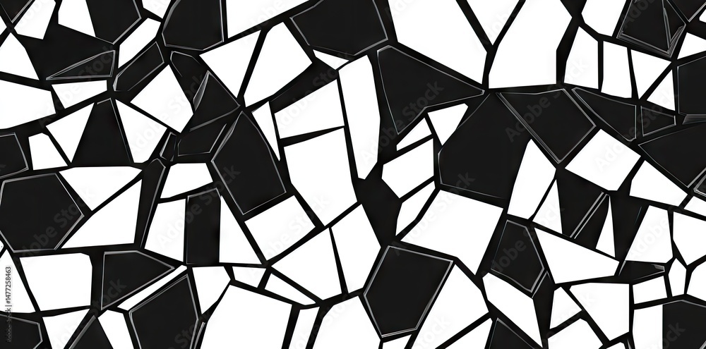 Poster abstract black and white mosaic pattern featuring irregular shapes and sizes. ideal for backgrounds.