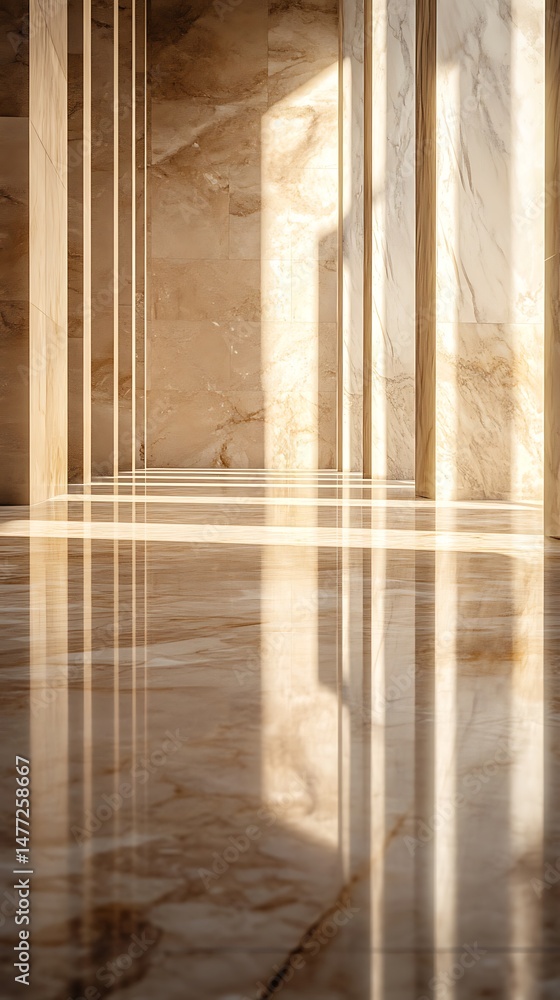 Poster ethereal light streams through marble columns in a minimalist architectural space