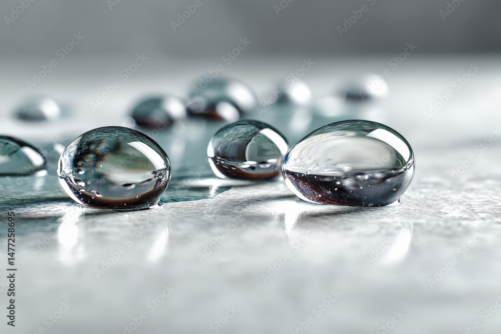 Aufkleber close-up view of water droplets on a smooth surface capturing reflections and light during morning h