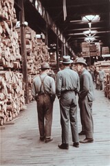 Three men standing in lumber mill discussing work vintage style low angle shot industrial setting
