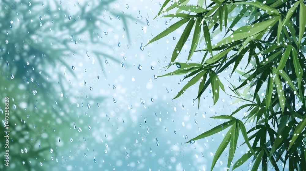 Poster serene bamboo forest under a gentle rain. with soft clouds drifting in the background. creating a tr