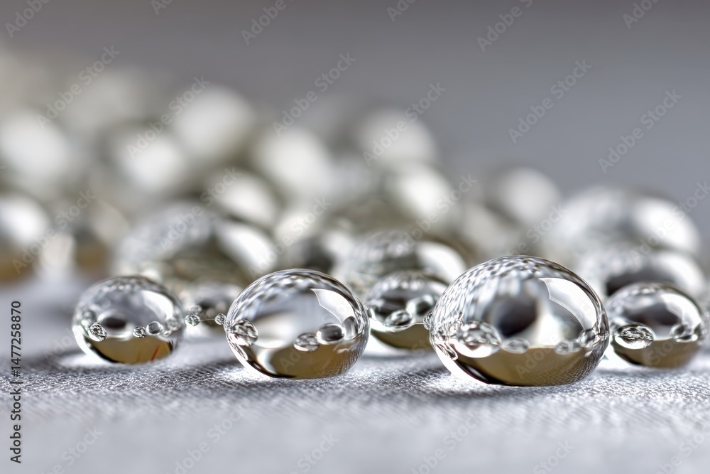 Poster droplets of water glistening on a surface in soft light, creating a serene and calming atmosphere du
