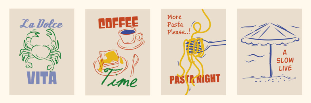 Hand drawn la dolce vita doodles. Wall art with pasta and crab, coffee icon. Minimalist line art. Set of mediterranean vector illustration for invitations, stationery, printables, social media, poster