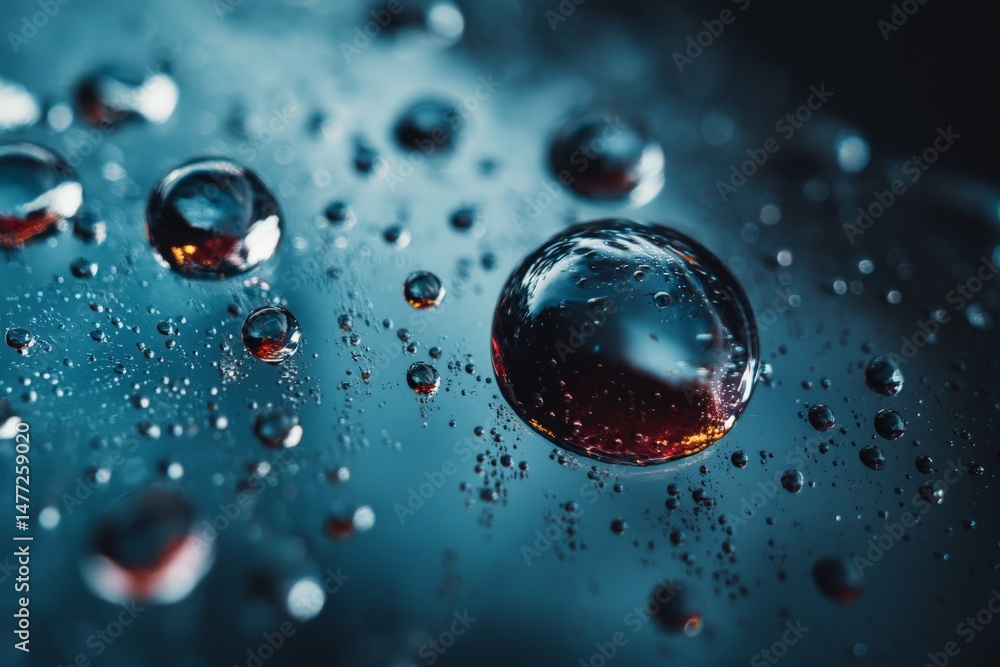 Poster close-up view of water droplets on a reflective surface highlighting their shapes and colors