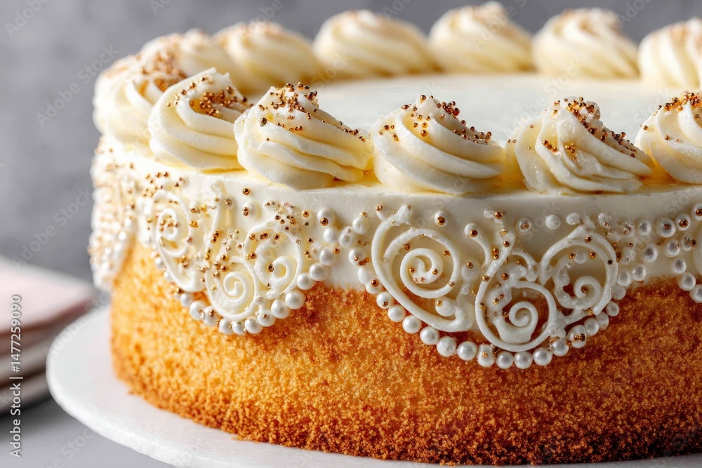 Poster delicious multi-layer cake decorated with elegant frosting and golden sprinkles at a festive gatheri