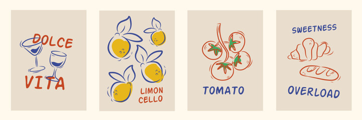Hand drawn la dolce vita doodles. Wall art with wine, lemon, tomato, bread. Minimalist line art. Set of mediterranean vector illustration for invitations, stationery, printables, social media, poster.