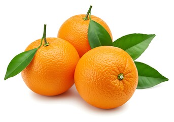 A still life of three oranges with green leaves on white