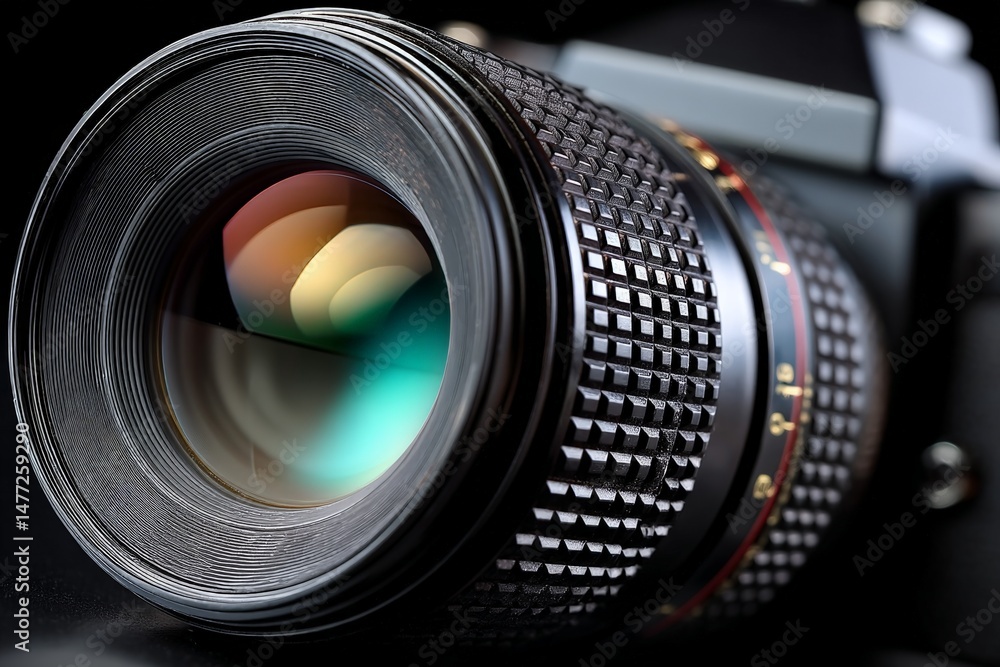 Poster Close-up view of a professional camera lens showcasing intricate details and vibrant colors in a studio setting
