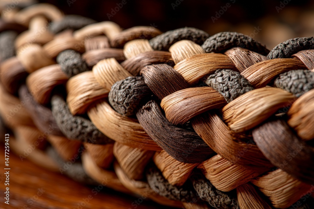 Poster intricate woven design in natural fibers highlights craftsmanship and texture in a close-up view