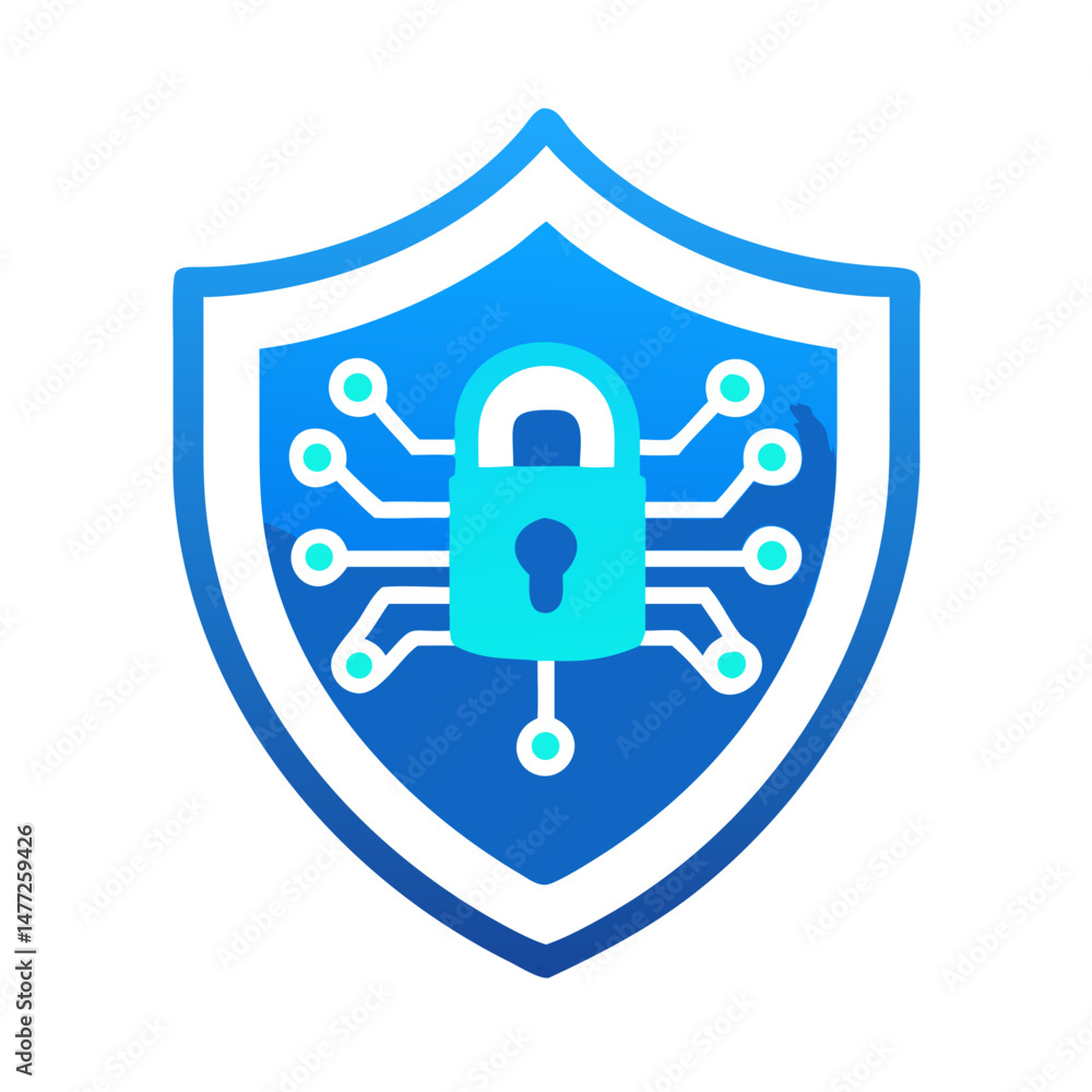 Poster cybersecurity shield symbol showcasing a padlock with circuit lines, representing digital protection