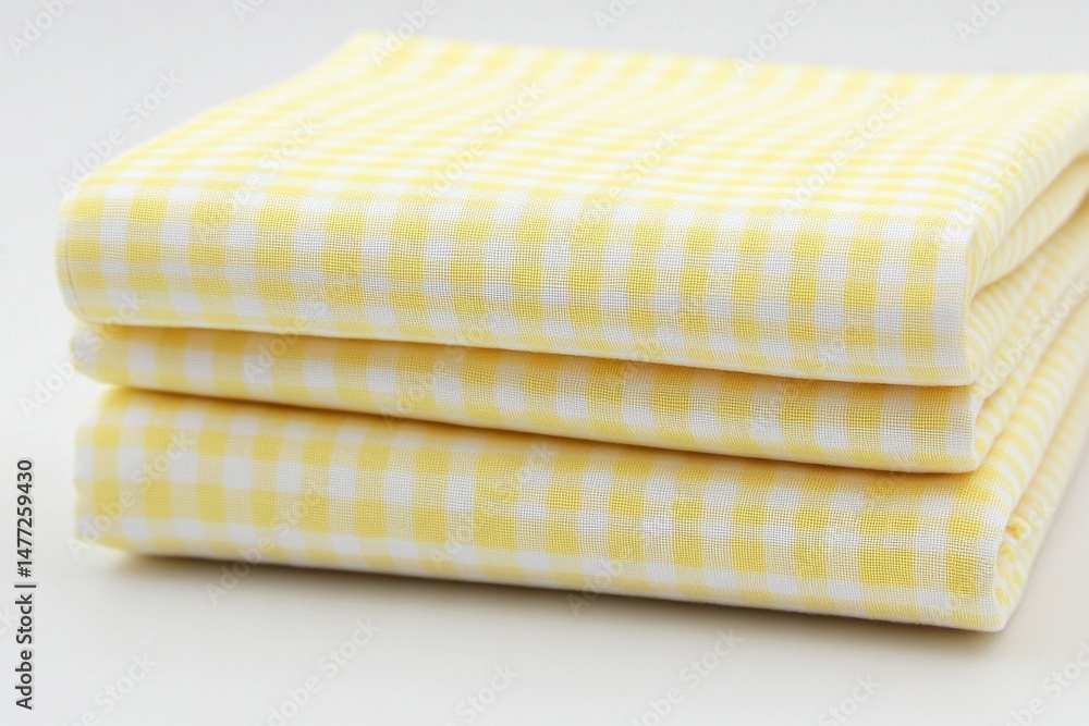 Poster stack of yellow and white gingham fabric folded neatly on white surface close up studio shot textile