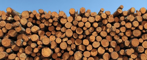 A large stack of cut logs is piled outdoors against a clear blue sky, sustainable building materials