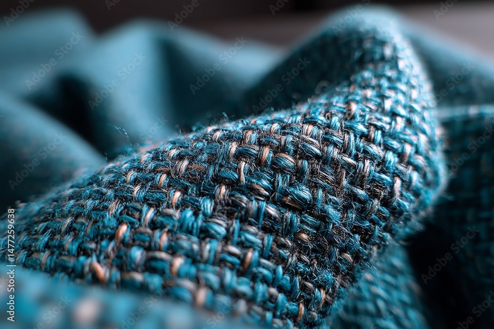 Poster textured fabric close-up revealing intricate weaving patterns in a deep teal hue illuminated by soft