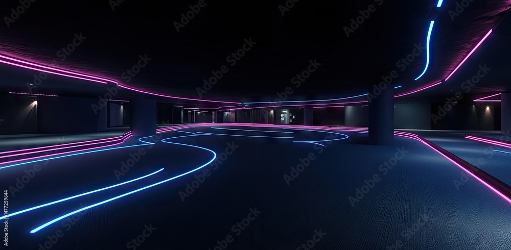 Poster a futuristic corridor illuminated by vibrant neon lights in shades of blue and pink. creating a dyna