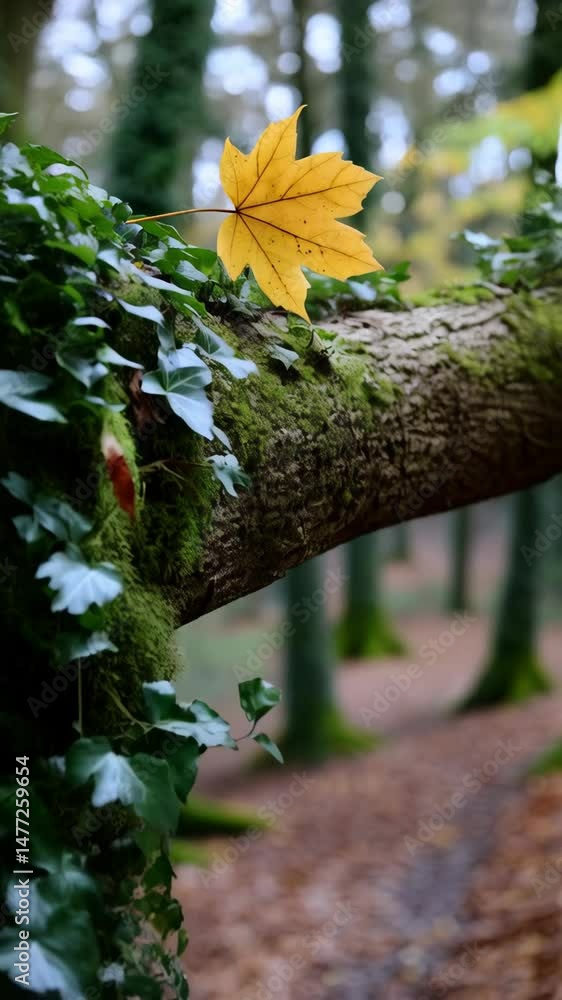 Poster yellow autumn leaf resting on a mossy tree branch in a forest setting with soft bokeh background, cl