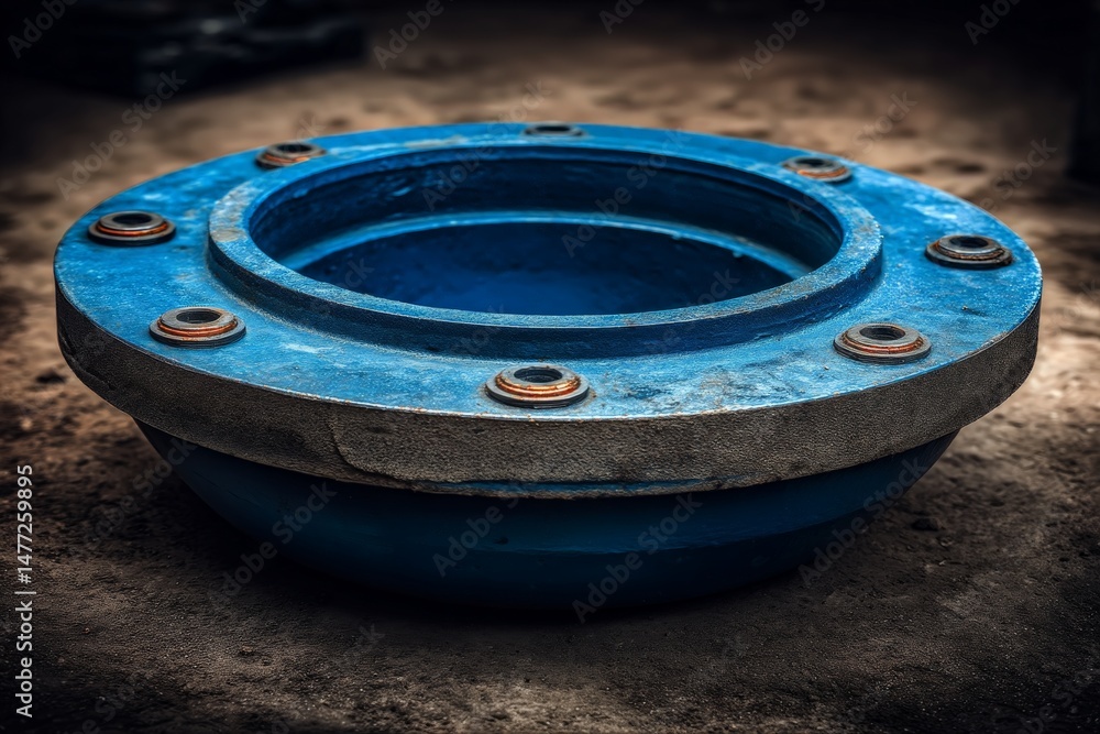Poster blue industrial flange resting on a work surface in a workshop environment during daylight hours