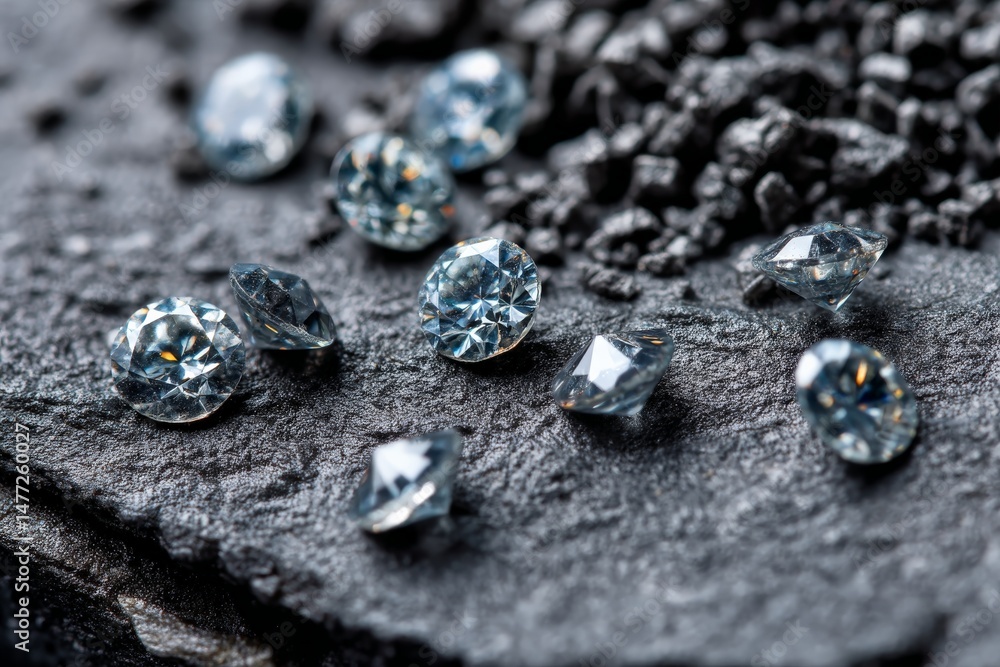 Aufkleber sparkling crystals scattered over dark mineral surface under bright light in a well-lit setting