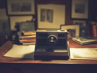 Vintage instant camera rests on a wooden desk surrounded by paper and framed art