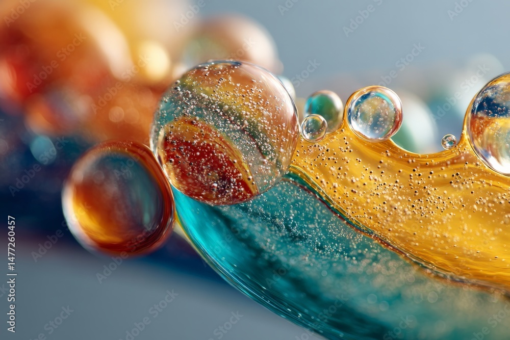 Aufkleber Colorful bubbles and spheres float in a fluid mixture showcasing vibrant hues and intricate details of texture in a close-up view