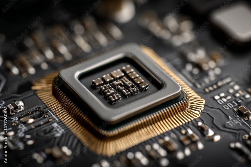 Poster Close-up view of a computer chip mounted on a circuit board showcasing intricate design and connectivity details