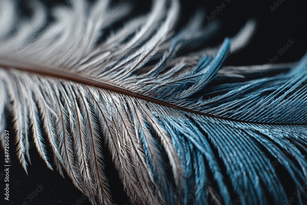 Poster Elegant feather showcasing intricate textures and vibrant colors in a close-up view against a dark background
