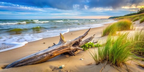 weathered driftwood partially submerged in Baltic Sea sand, with sea grass and pebbles surrounding it, Baltic Sea, nature photography