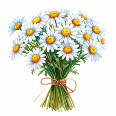 Obraz premium Daisy Bouquet: A vibrant watercolor illustration depicts a delicate daisy bouquet, its pristine white petals and sunny yellow centers a celebration of nature's simple elegance.